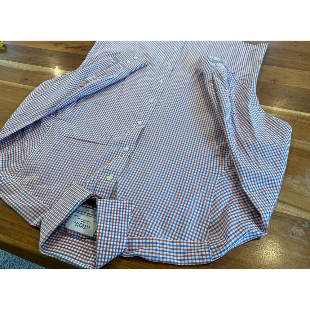 Charles Tyrwhitt Mens 16.5 35 Slim Fit Cotton Tattersall Dress Shirt Red Blue